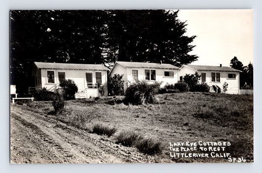 Little River California Lazy Eye Cottages RPPC 1940s cabin view unposted EKC