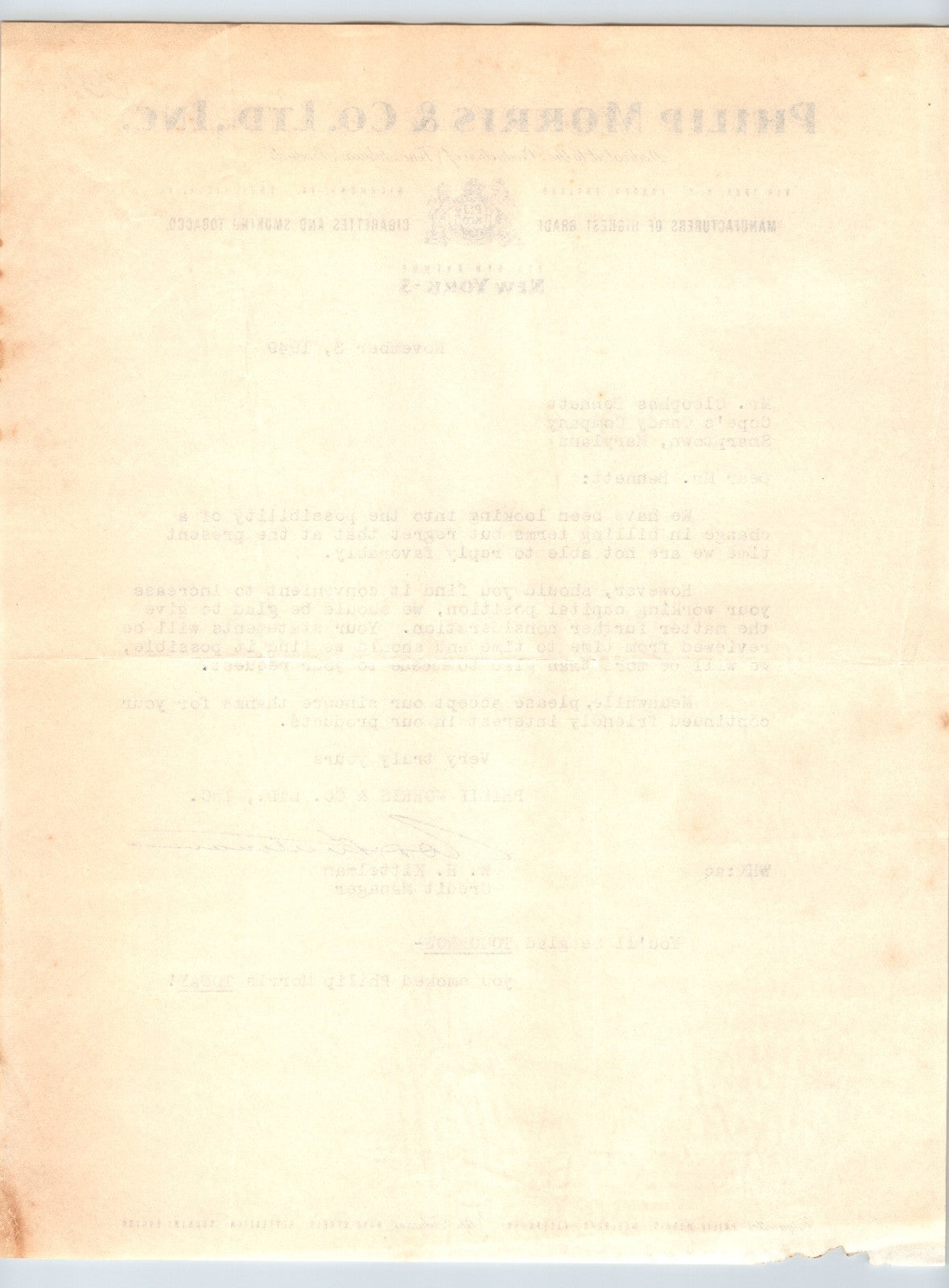 New York City 1949 Philip Morris Tobacco Cigarette Letterhead 8.5 x 11