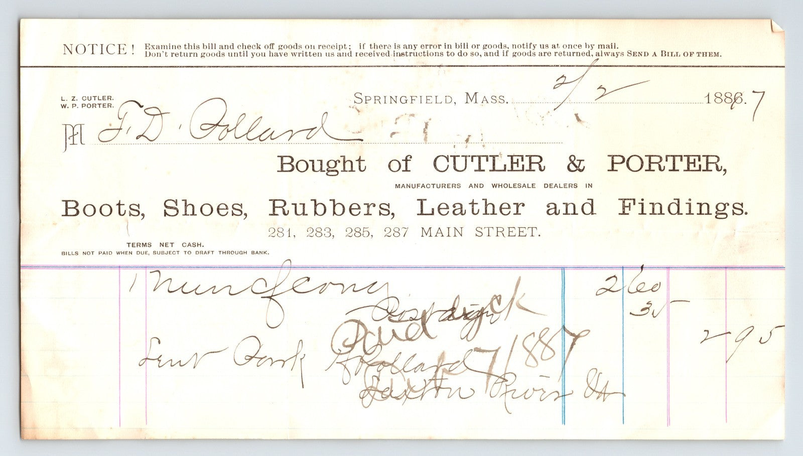Springfield Massachusetts 1887 Cutler Porter boots shoes leather billhead handwritten invoice