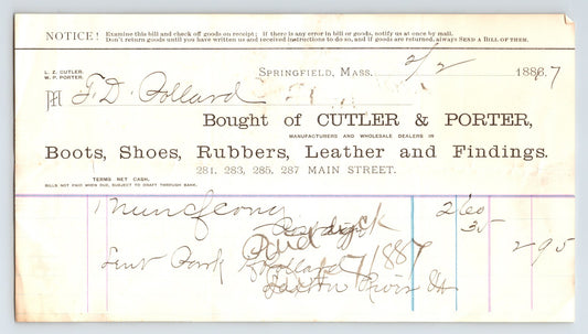 Springfield Massachusetts 1887 Cutler Porter boots shoes leather billhead handwritten invoice