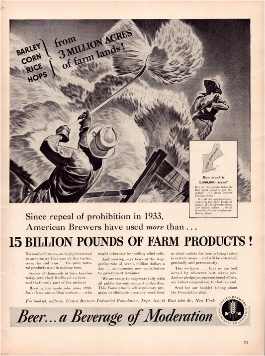 Beer United Brewers Industrial Foundation 1939 print ad with farmers harvesting grain and text referencing 15 billion pounds of farm products