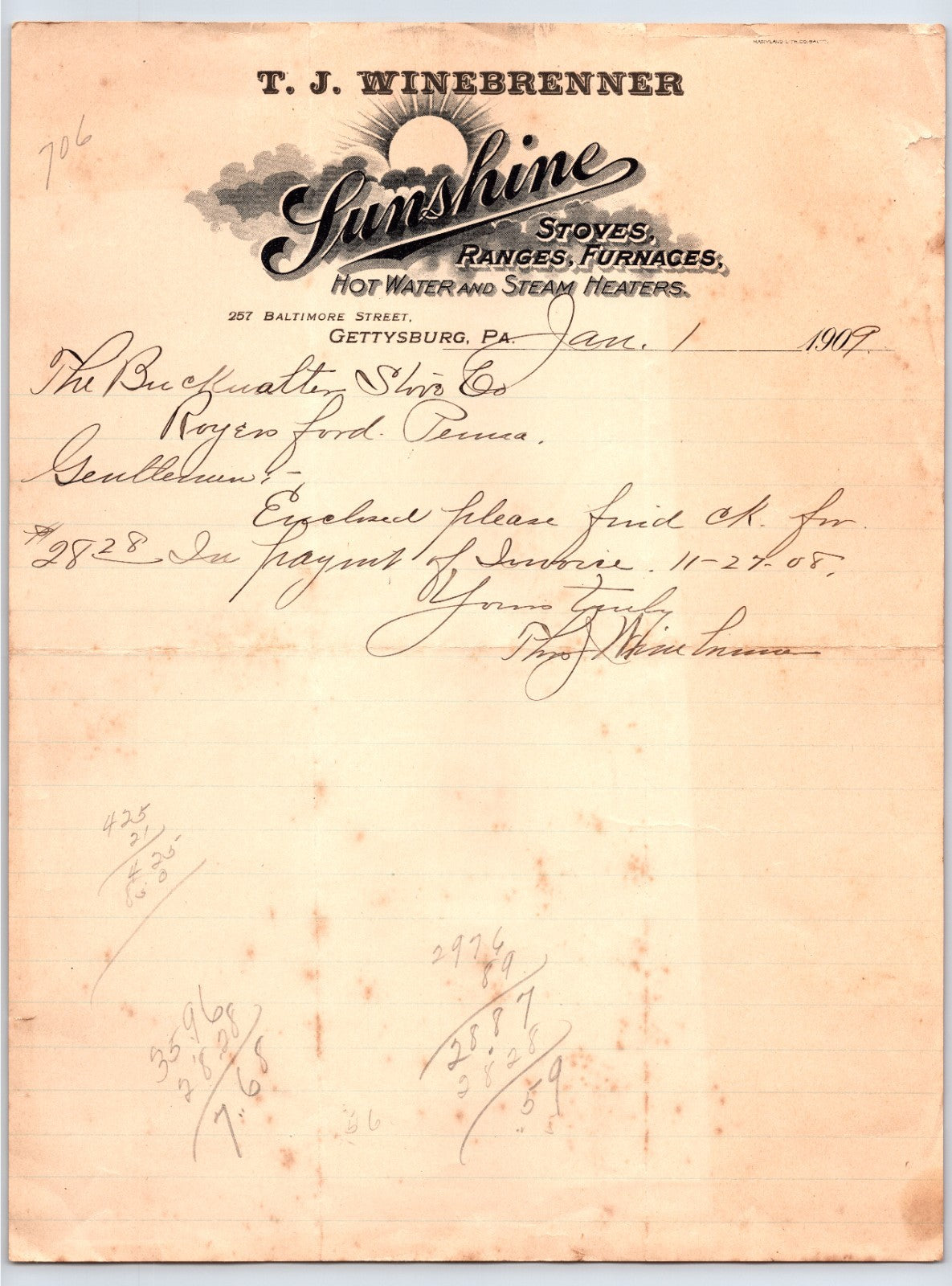 Gettysburg Pennsylvania Sunshine Stoves Winebrenner 1907 letterhead furnace stove company document