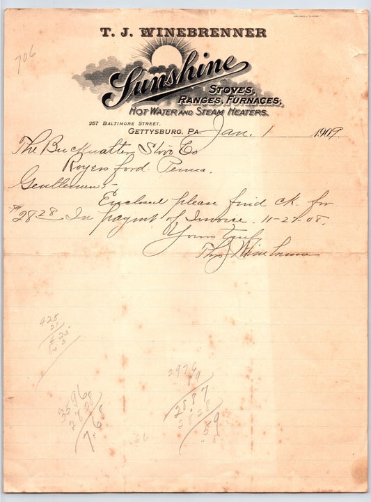 Gettysburg Pennsylvania Sunshine Stoves Winebrenner 1907 letterhead furnace stove company document
