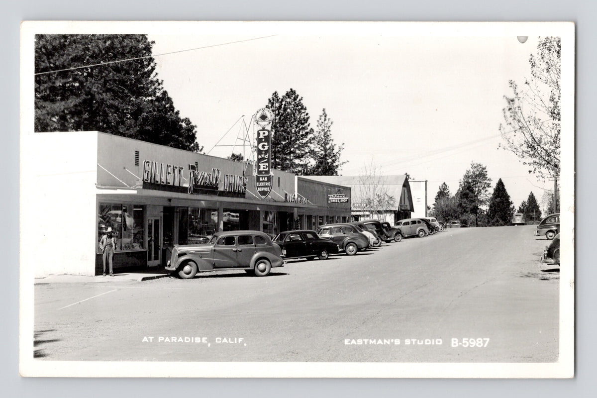 Postcard RPPC California Paradise CA Gillet Rexall Drugs PG&E Car Auto 1950