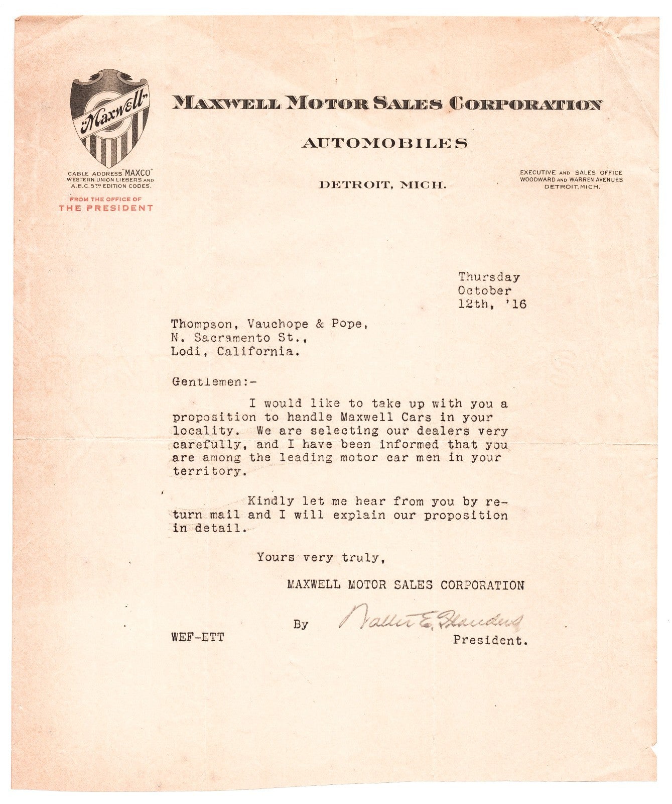 Detroit Michigan Maxwell Automobile Motor Sales 1916 Letterhead 10 x 8.5