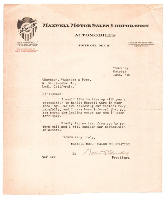 Detroit Michigan Maxwell Automobile Motor Sales 1916 Letterhead 10 x 8.5
