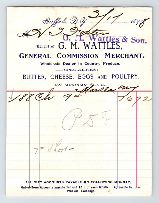 Buffalo New York Wattles General Commission Merchant 1898 billhead butter cheese eggs poultry invoice