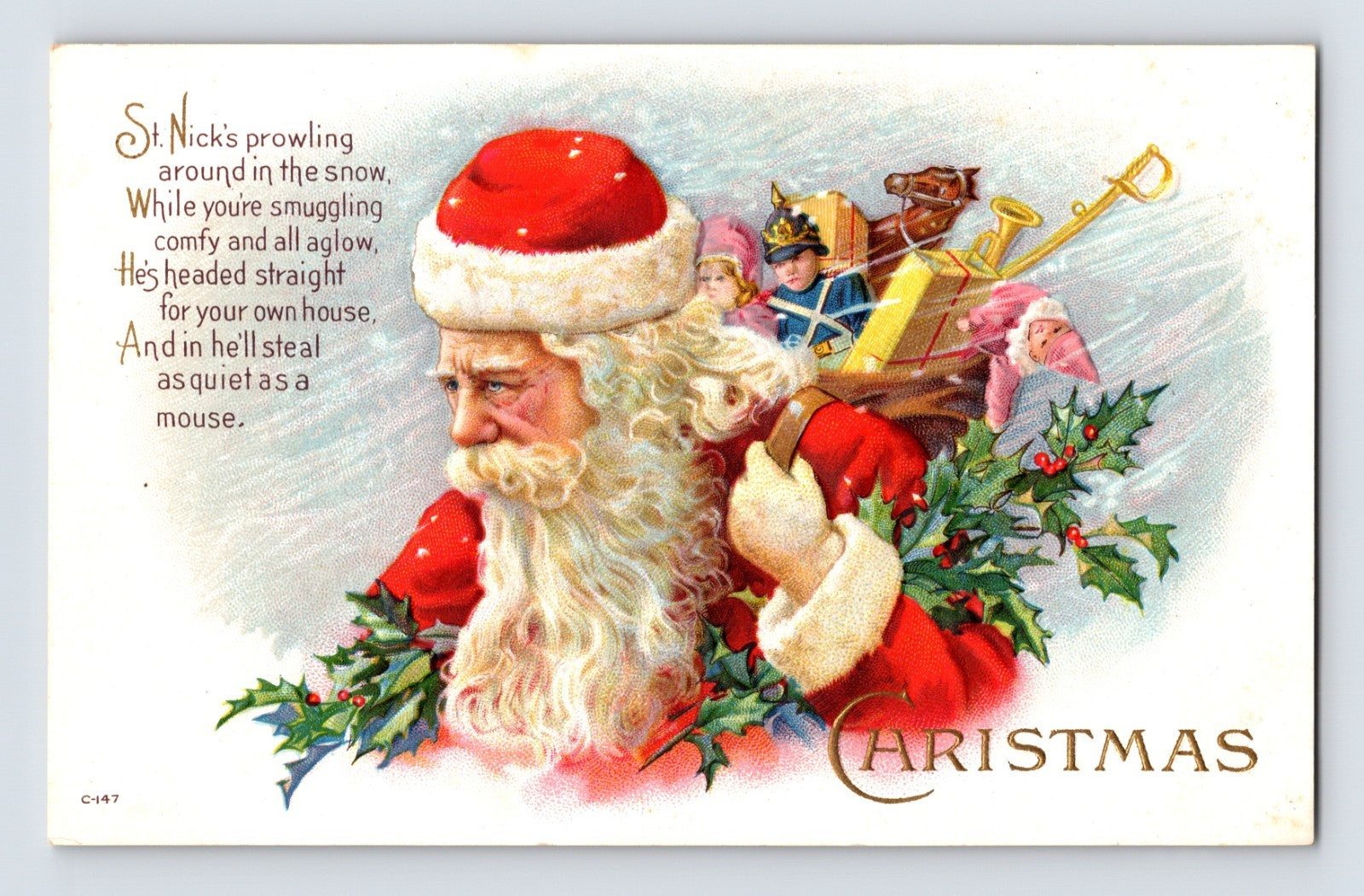 Santa Claus carrying dolls, toys, and a toy soldier through holly branches beside a humorous Christmas verse on this 1910s postcard.