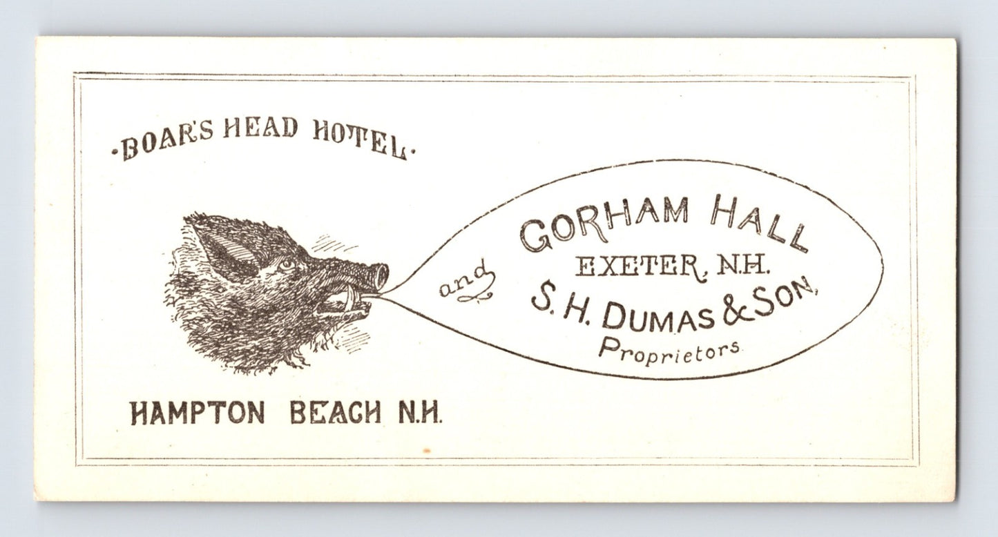Victorian trade card advertising Boars Head Hotel Hampton Beach New Hampshire with Gorham Hall Exeter NH imprint and illustrated boars head vignette