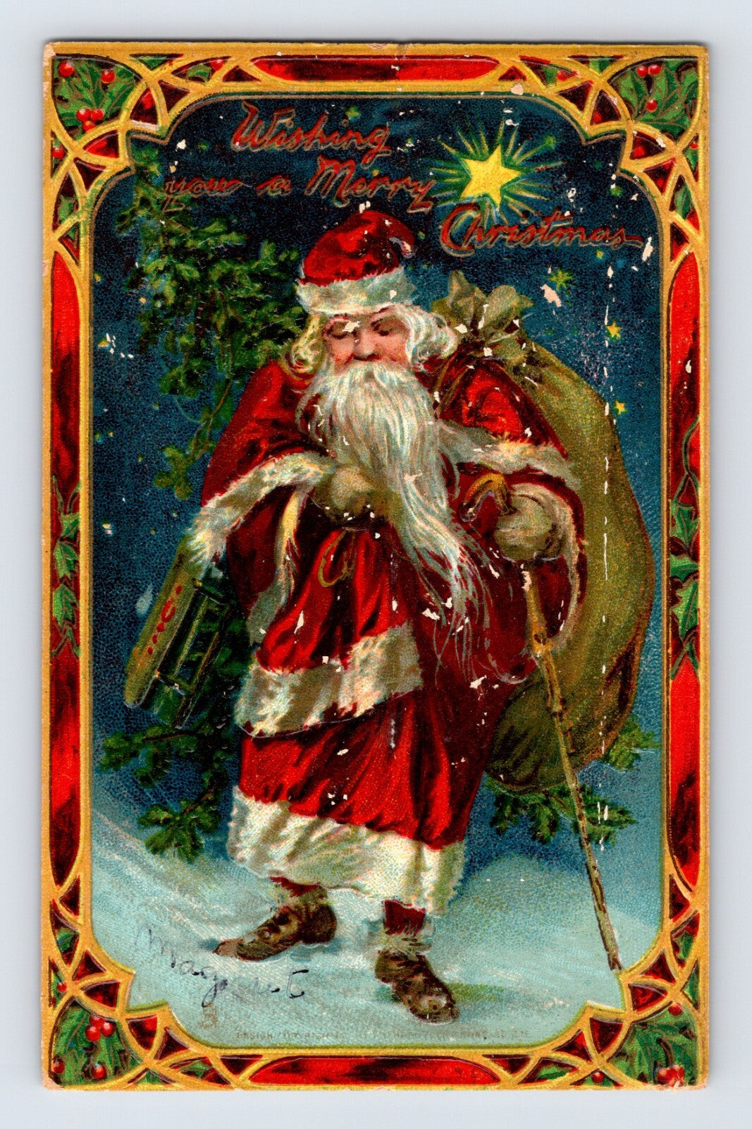 Tuck Christmas postcard Santa walking stick sack night star 1910s
