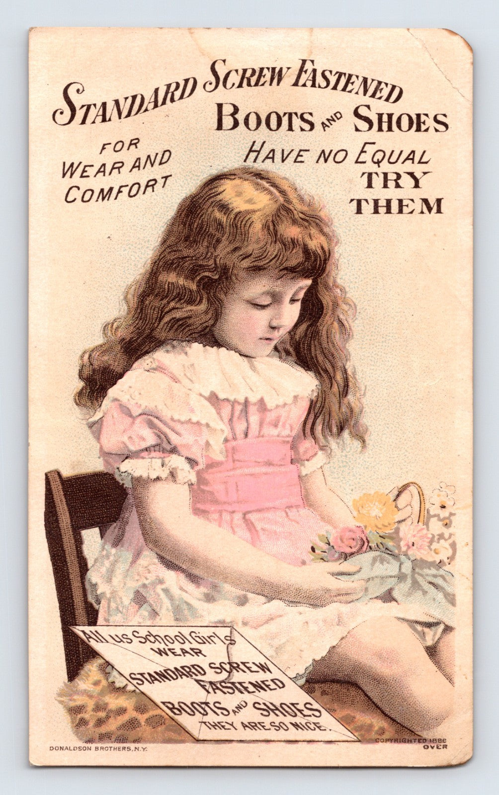 Lester Boot Victorian trade card with girl holding flowers, Binghamton New York shoe advertising card, 5.5 x 3.5