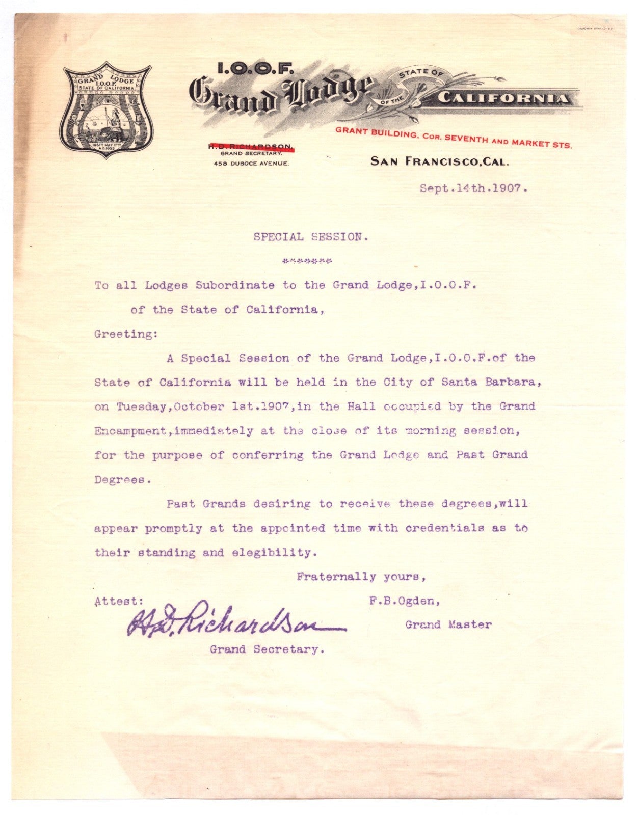 San Francisco California IOOF Grand Lodge 1907 Odd Fellows letterhead document