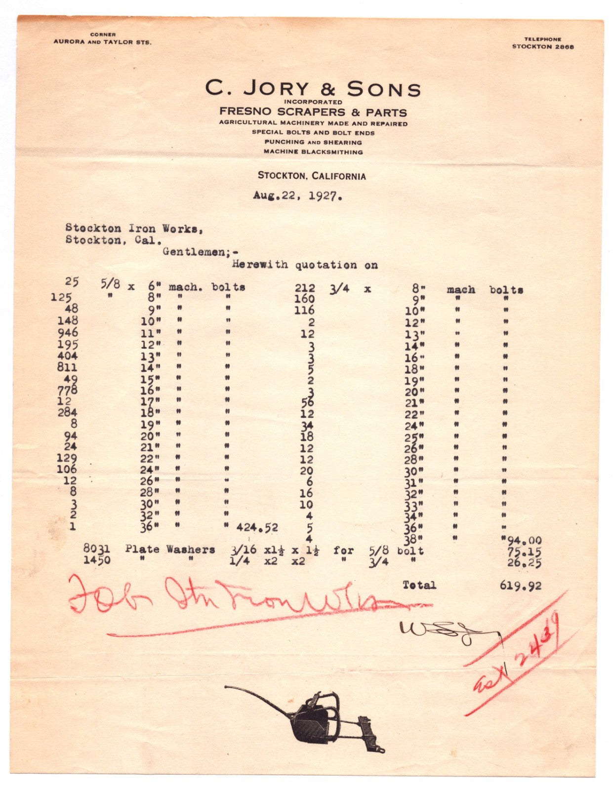 Stockton California C Jory Sons Fresno scraper parts agricultural machinery letterhead invoice 1927