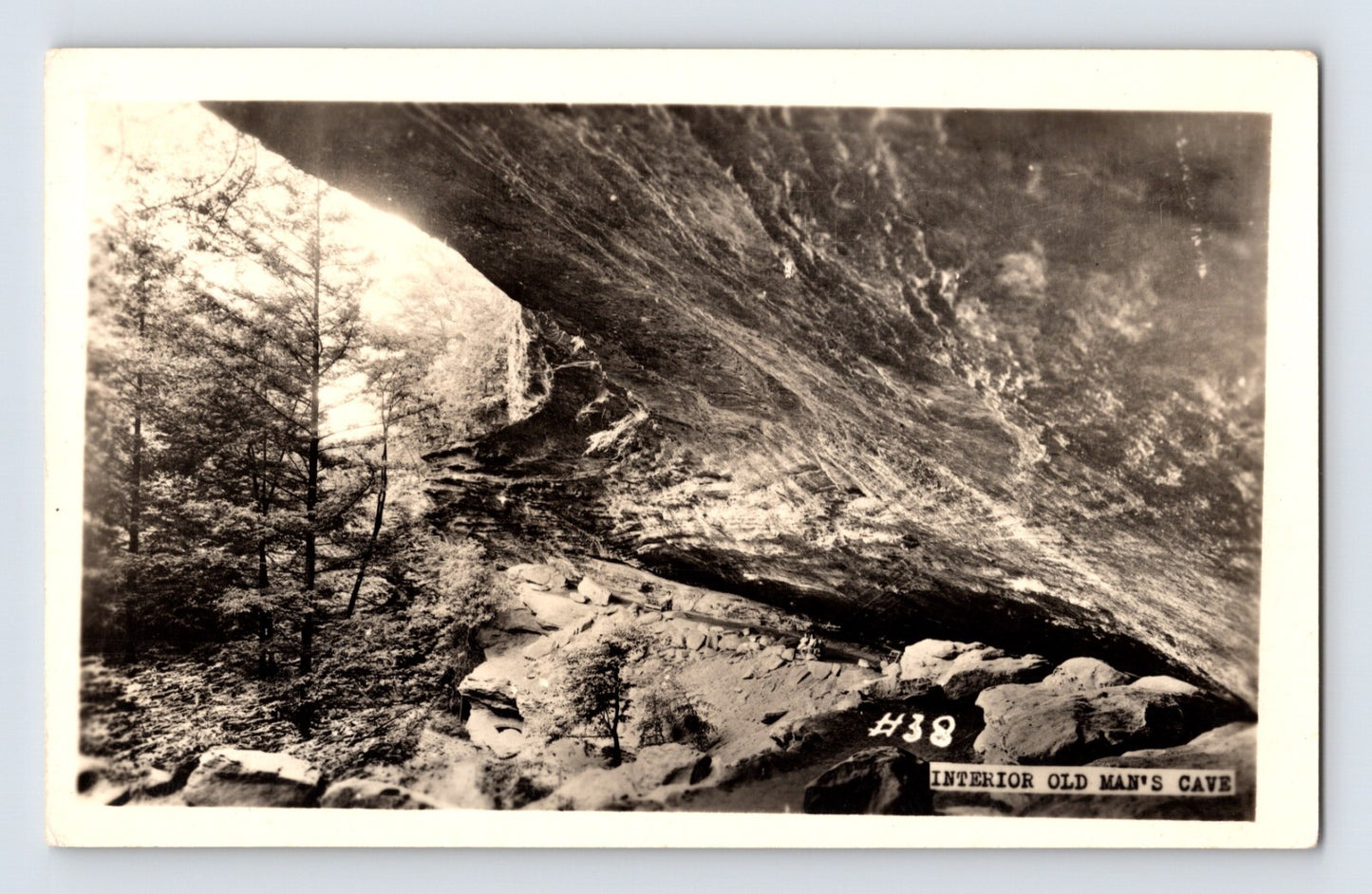 Ohio Hocking Hills Old Mans Cave interior sandstone overhang forest floor 1940s RPPC unposted