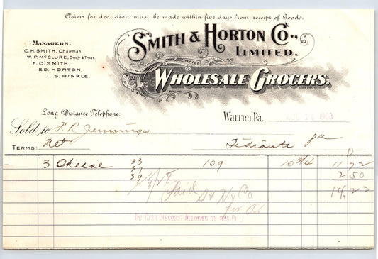 Warren Pennsylvania Smith Horton Wholesale Grocers 1903 billhead invoice ornate typography grocery trade document