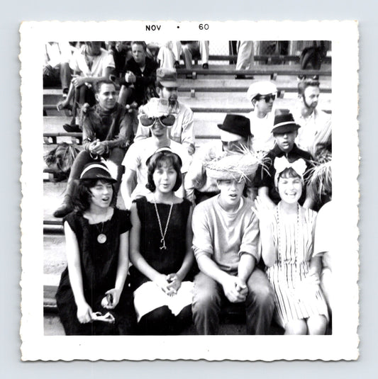 Halloween 1960 teenagers costumes bleachers hats novelty glasses group snapshot vintage photo