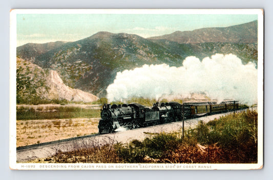 Cajon Pass California steam train descending mountain grade Southern California railroad 1920s postcard