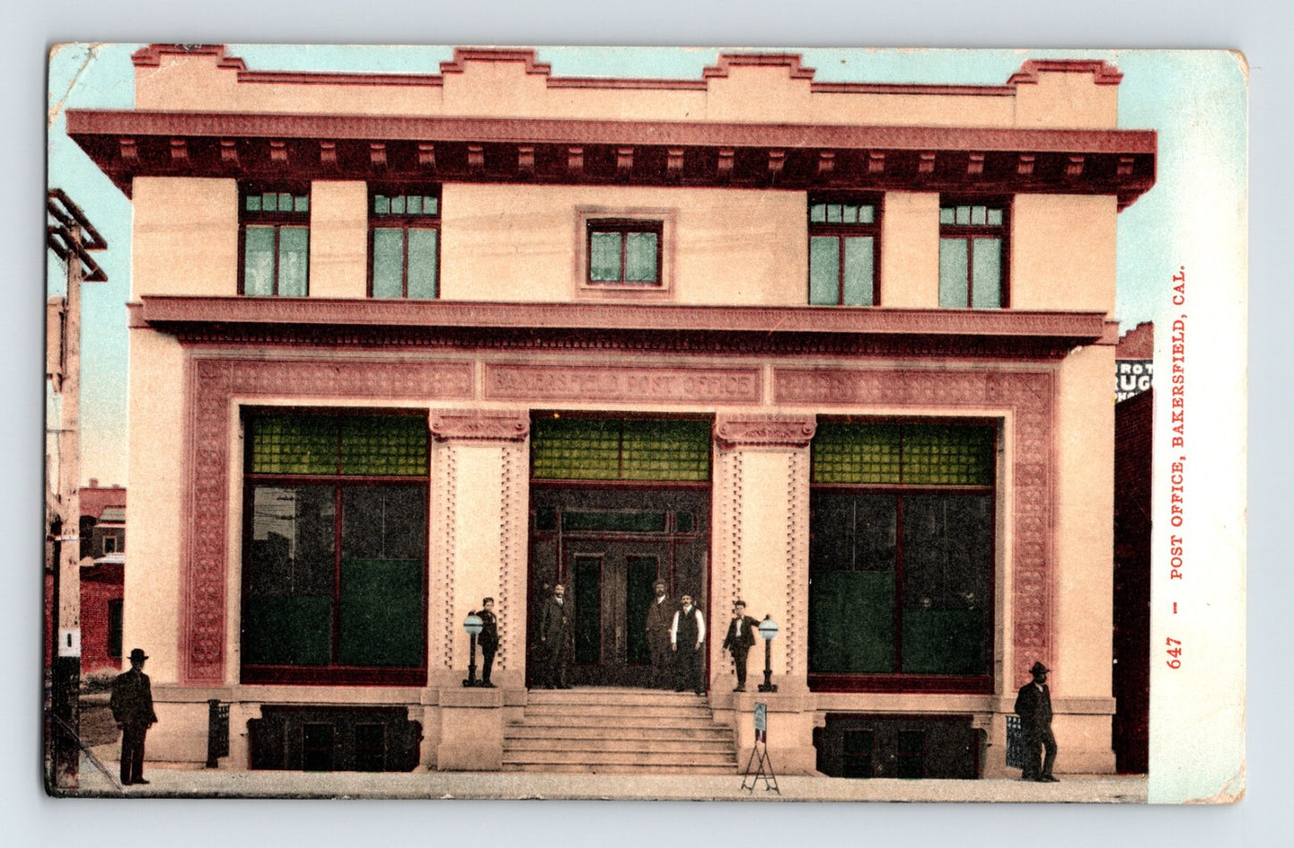 1909 Bakersfield California post office postcard showing formal civic building with symmetrical façade columns and entrance steps