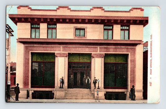 1909 Bakersfield California post office postcard showing formal civic building with symmetrical façade columns and entrance steps