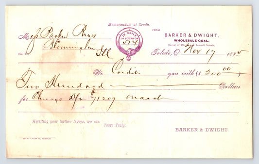 Toledo Ohio Barker Dwight wholesale coal memorandum credit 1885 billhead handwritten