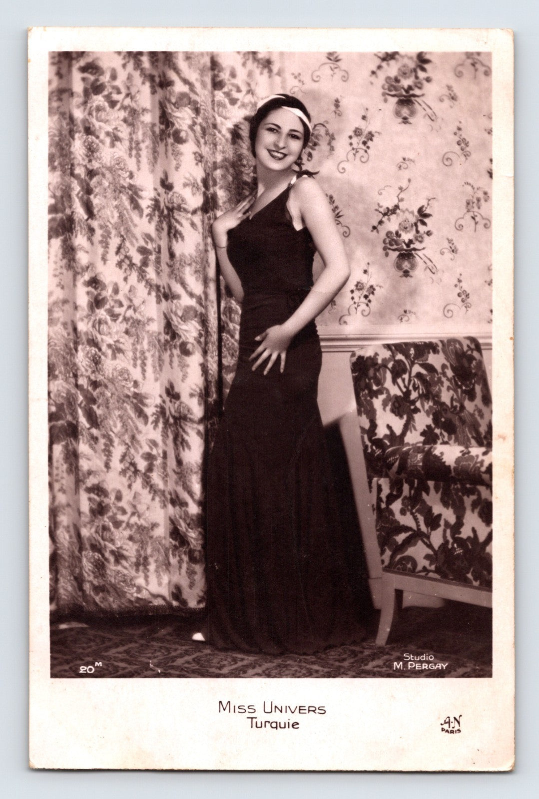 Miss Universe Turquie 1930s RPPC postcard studio portrait woman evening gown AN Paris