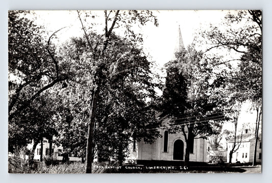 Limerick Maine First Baptist Church white steeple trees 1950s RPPC postcard