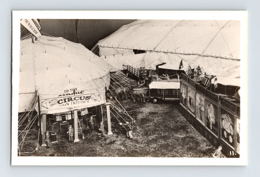 Black and white photograph of circus tent entrance with elephants and sideshow banners 1930s