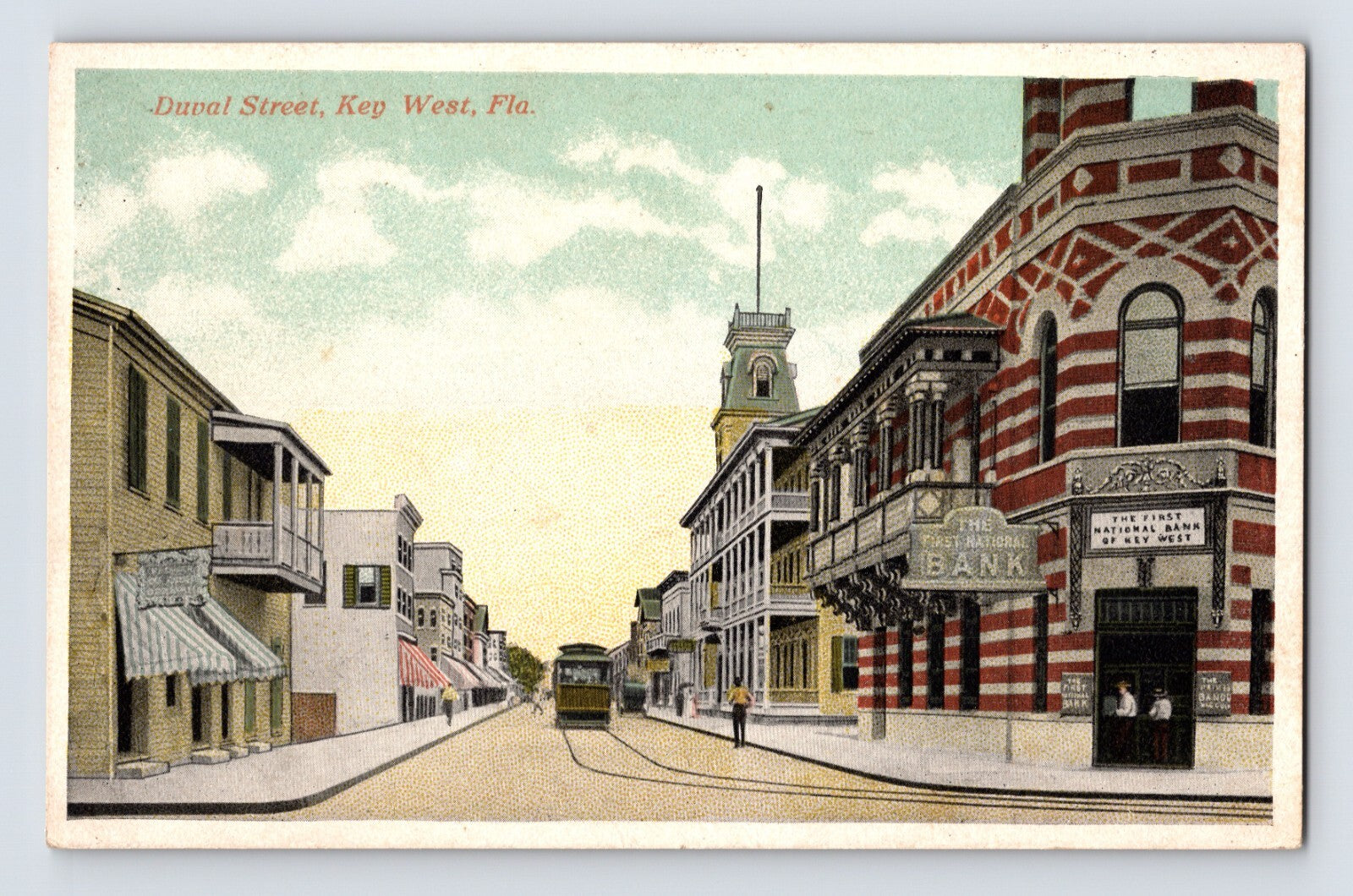 Key West Florida Duval Street First National Bank street scene postcard