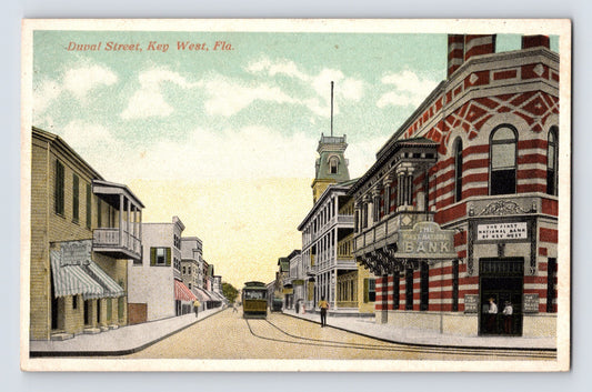 Key West Florida Duval Street First National Bank street scene postcard